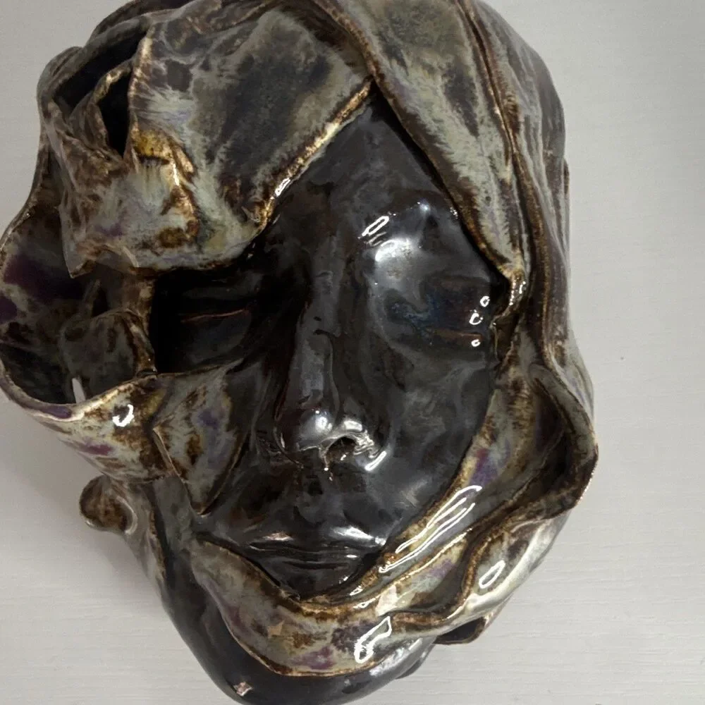 Glazed Ceramic Face Decorative Mask Wall Art - Black Brown Gold Purple